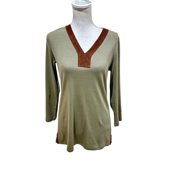 Lauren Ralph Lauren olive Green 3/4 Sleeve longline faux brown suede Medium - Picture 1 of 10